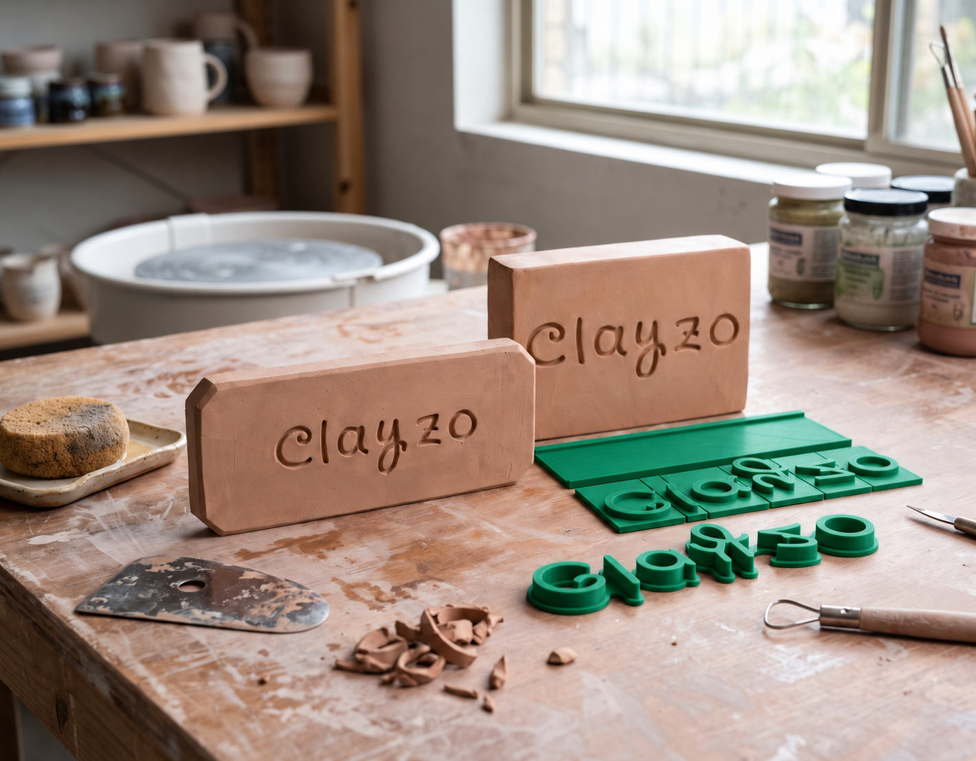 Ceramiczne stemple literowe na lnianej tkaninie